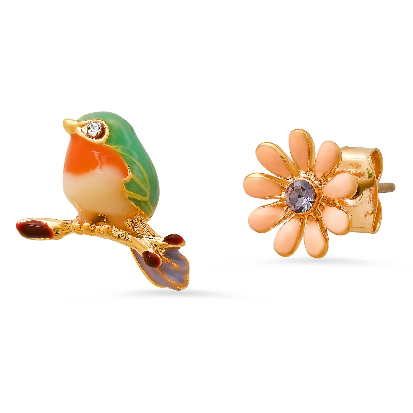 BIRD AND FLOWER MISMATCHED POST EARRINGS