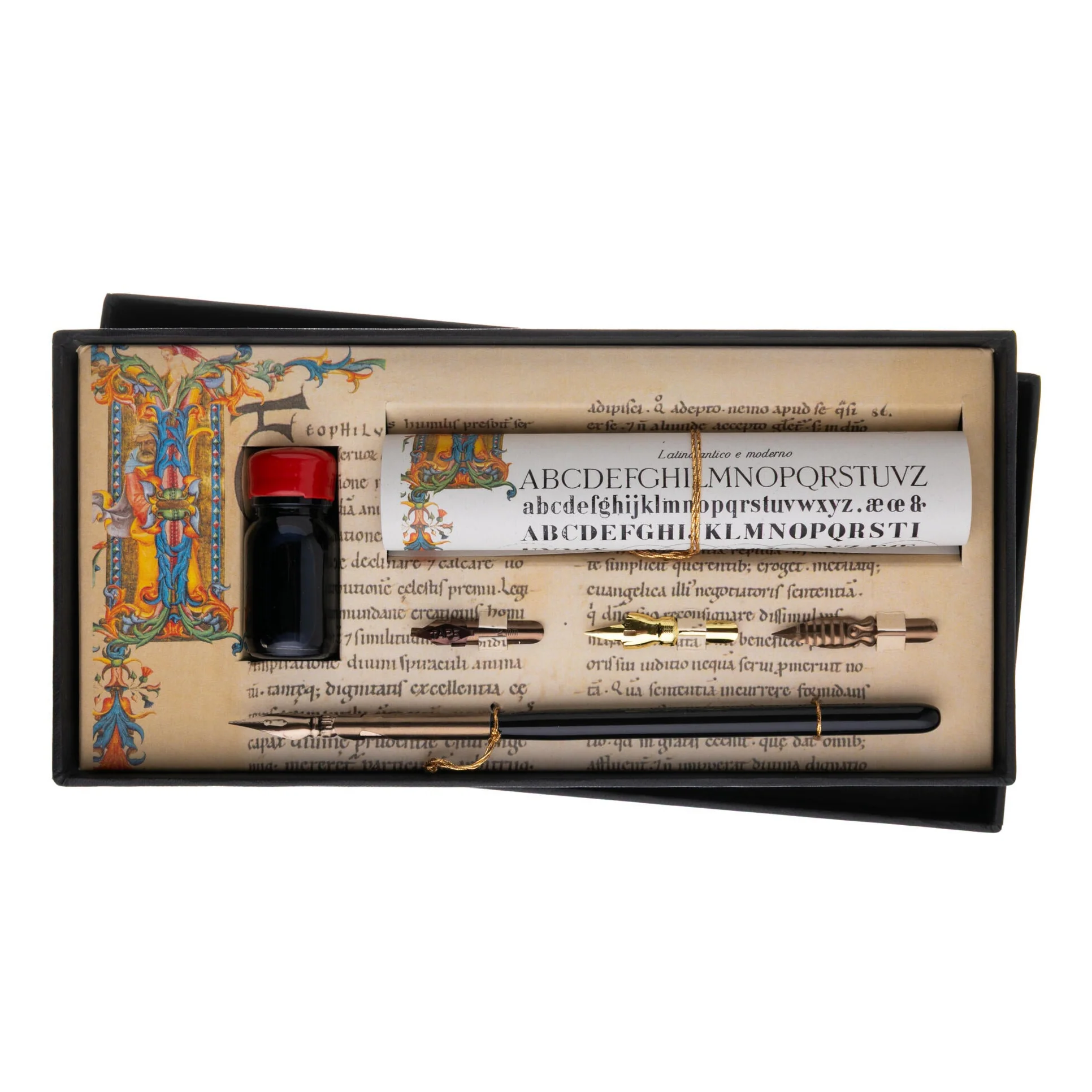 WRITING SET WITH DIP PEN, NIBS, INK AND PARCHMENT STYLE SCROLL